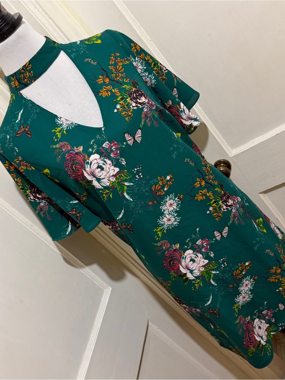 Worthington Teal Floral early 2000's style Dress with Pink & White Blooms